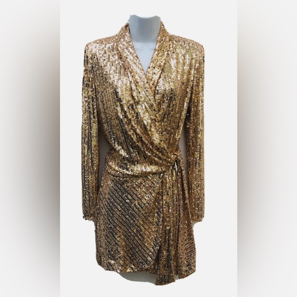 Zara Gold Sequin Mini Wrap Dress w Shoulder Pads - Picture 3 of 10